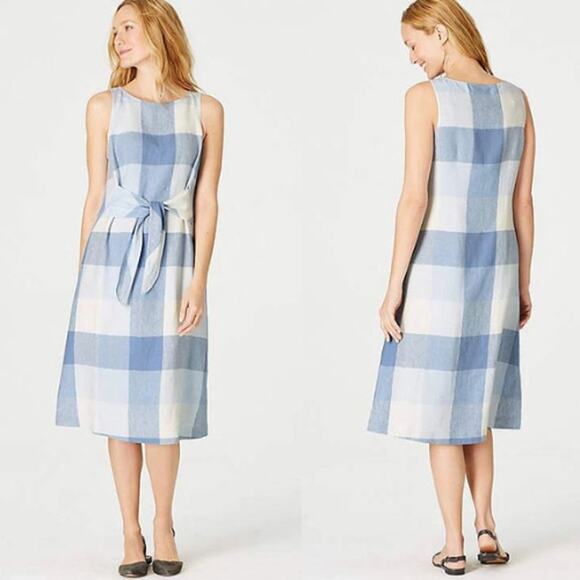 J Jill 100% Linen Gingham Plaid Midi Dress Tie Waist Sleeveless Cottagecore Blue - Picture 1 of 15